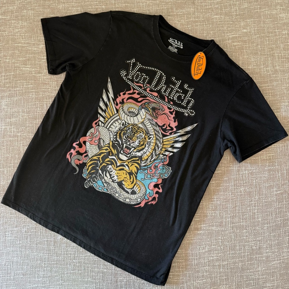 Von Dutch Black Tee with Tiger Graphic